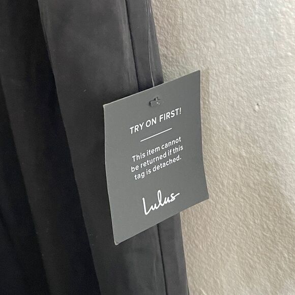 Lulu’s Black Feather Together Satin Wide Leg Jumpsuit Medium - Picture 14 of 16